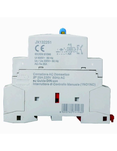 Contacteur 230Vac, 2P, 25A, 1 module, avec interrupteur de commande manuelle (1 NO + 1 NC) - Ettroit JX132251
