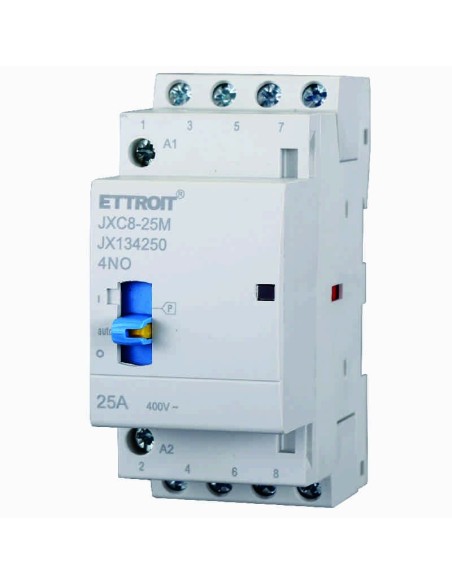 Contactor 230Vac, 4P, 25A, 2 modules, with manual control switch (4 NO) - Ettroit JX134250