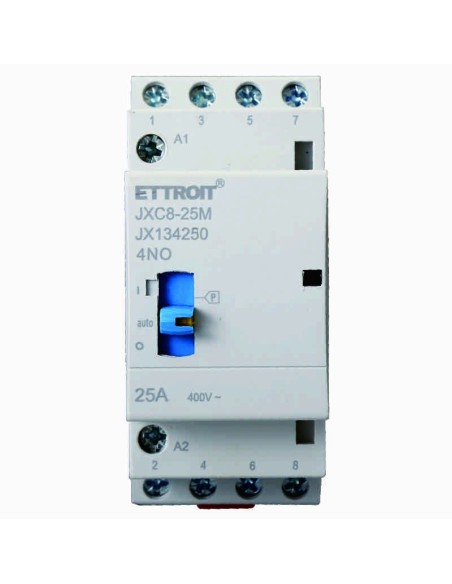 Contattore 230Vac, 4P, 25A, 2 moduli, con interruttore di controllo manuale (4 NO) - Ettroit JX134250