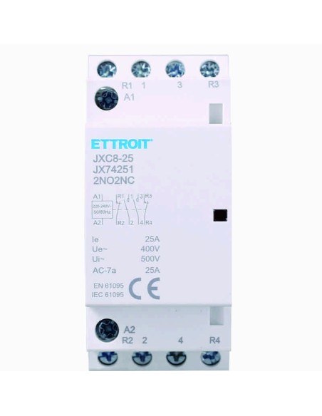 Contattore 230Vac, 4P, 25A, 2 moduli, 2 contatti NO + 2 contatti NC - Ettroit JX74251