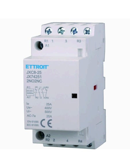 Contacteur 230Vac, 4P, 25A, 2 modules, 2 contacts NO + 2 contacts NF - Ettroit JX74251