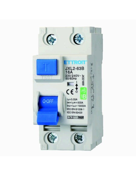 Interruptor diferencial puro 2P, 2 módulos, 230V AC/DC, 16A, 30mA, 6KA, curva B - Ettroit JX321669