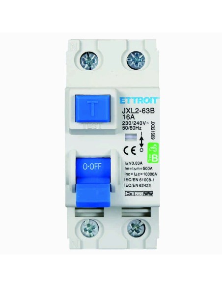 Interruptor diferencial puro 2P, 2 módulos, 230V AC/DC, 16A, 30mA, 6KA, curva B - Ettroit JX321669