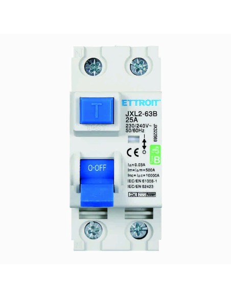 Zuivere aardlekschakelaar 2P, 2 modulen, 230V AC/DC, 25A, 30mA, 6KA, curve B - Ettroit JX322569