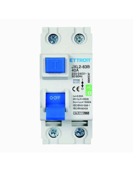 Zuivere aardlekschakelaar 2P, 2 modulen, 230V AC/DC, 40A, 30mA, 6KA, curve B - Ettroit JX324069