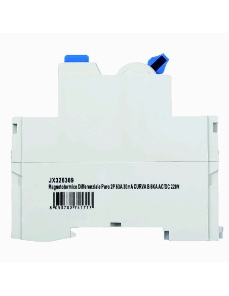 Zuivere aardlekschakelaar 2P, 2 modulen, 230V AC/DC, 63A, 30mA, 6KA, curve B - Ettroit JX326369
