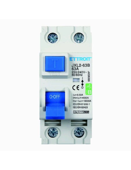 Reiner Fehlerstromschutzschalter 2P, 2 Module, 230V AC/DC, 63A, 30mA, 6KA, Kurve B - Ettroit JX326369