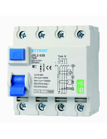 Zuivere aardlekschakelaar 4P, 4 modules, 380V AC/DC, 16A, 30mA, 6KA, curve B - Ettroit JX341669