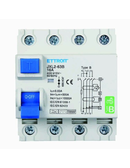 Pure residual current circuit breaker 4P, 4 modules, 380V AC/DC, 16A, 30mA, 6KA, curve B - Ettroit JX341669