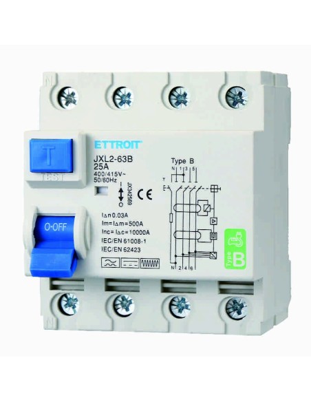 Pure residual current circuit breaker 4P, 4 modules, 380V AC/DC, 25A, 30mA, 6KA, curve B - Ettroit JX342569