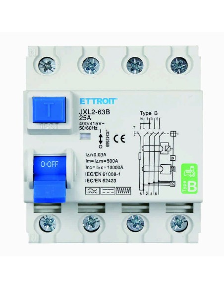 Pure residual current circuit breaker 4P, 4 modules, 380V AC/DC, 25A, 30mA, 6KA, curve B - Ettroit JX342569