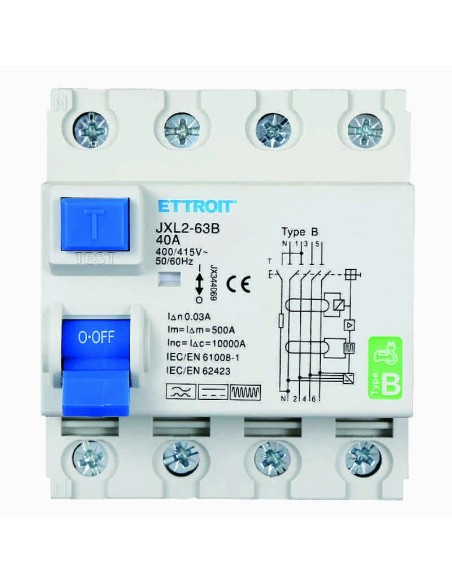 Interruptor diferencial puro 4P, 4 módulos, 380V AC/DC, 40A, 30mA, 6KA, curva B - Ettroit JX344069