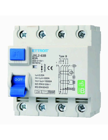 Zuivere aardlekschakelaar 4P, 4 modules, 380V AC/DC, 63A, 30mA, 6KA, curve B - Ettroit JX346369