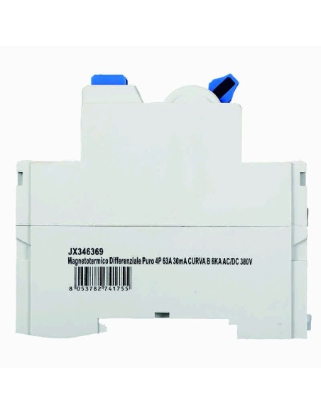 Disjoncteur différentiel pur 4P, 4 modules, 380V AC/DC, 63A, 30mA, 6KA, courbe B - Ettroit JX346369