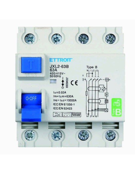 Disjoncteur différentiel pur 4P, 4 modules, 380V AC/DC, 63A, 30mA, 6KA, courbe B - Ettroit JX346369
