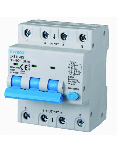 Disjoncteur à courant résiduel 3P+N, 4 modules, 415Vac, 10A, 30mA, 6KA - Ettroit JX261061