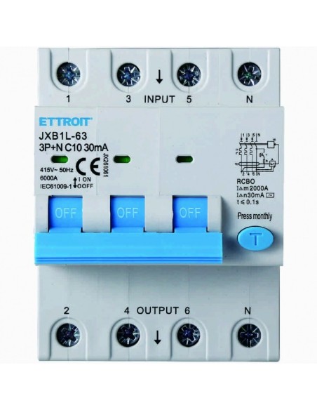 Residual current circuit breaker 3P+N, 4 modules, 415Vac, 10A, 30mA, 6KA - Ettroit JX261061