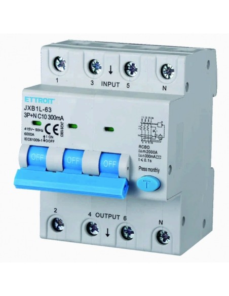 Residual current circuit breaker 3P+N, 4 modules, 415Vac, 10A, 300mA, 6KA - Ettroit JX261063