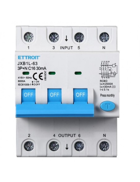 Disjoncteur à courant résiduel 3P+N, 4 modules, 415Vac, 16A, 30mA, 6KA - Ettroit JX261661