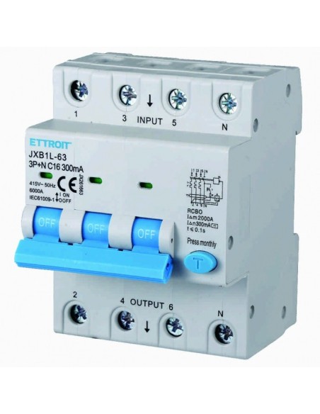 Residual current circuit breaker 3P+N, 4 modules, 415Vac, 16A, 300mA, 6KA - Ettroit JX261663