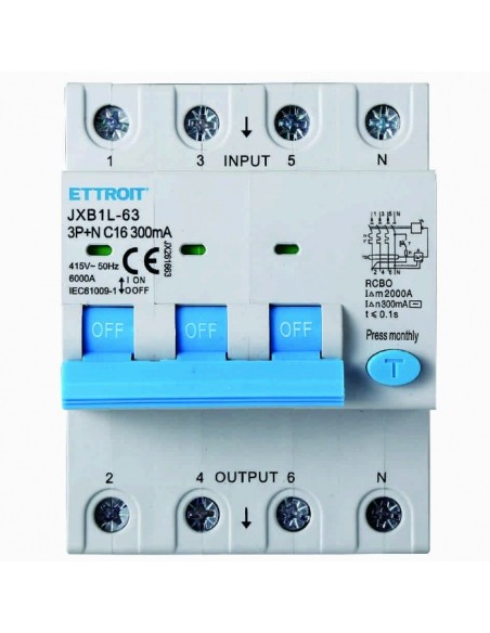 Residual current circuit breaker 3P+N, 4 modules, 415Vac, 16A, 300mA, 6KA - Ettroit JX261663
