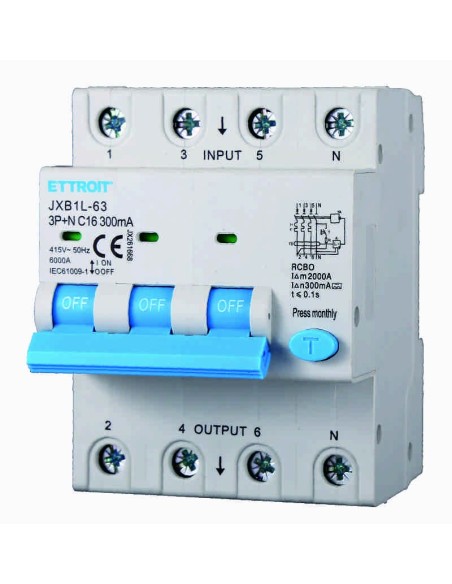Disjoncteur à courant résiduel 3P+N, 4 modules, 415Vac, 16A, 300mA, 6KA - Ettroit JX261668