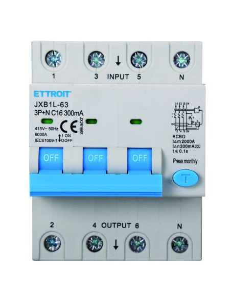 Disjoncteur à courant résiduel 3P+N, 4 modules, 415Vac, 16A, 300mA, 6KA - Ettroit JX261668