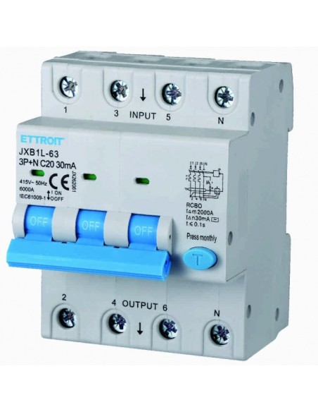 Disjoncteur à courant résiduel 3P+N, 4 modules, 415Vac, 20A, 30mA, 6KA - Ettroit JX262061