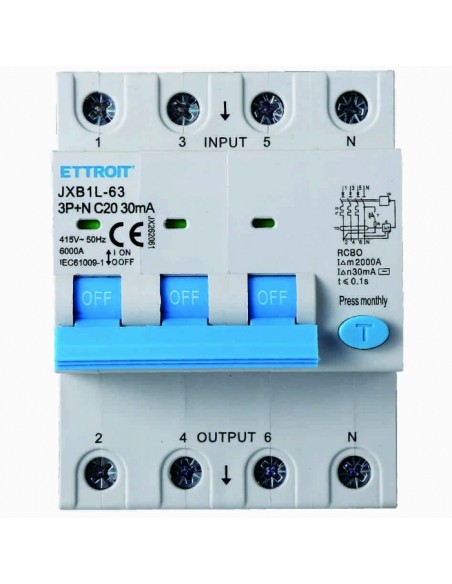 Disjoncteur à courant résiduel 3P+N, 4 modules, 415Vac, 20A, 30mA, 6KA - Ettroit JX262061