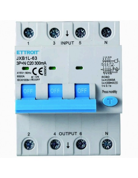 Disjoncteur à courant résiduel 3P+N, 4 modules, 415Vac, 20A, 300mA, 6KA - Ettroit JX262063