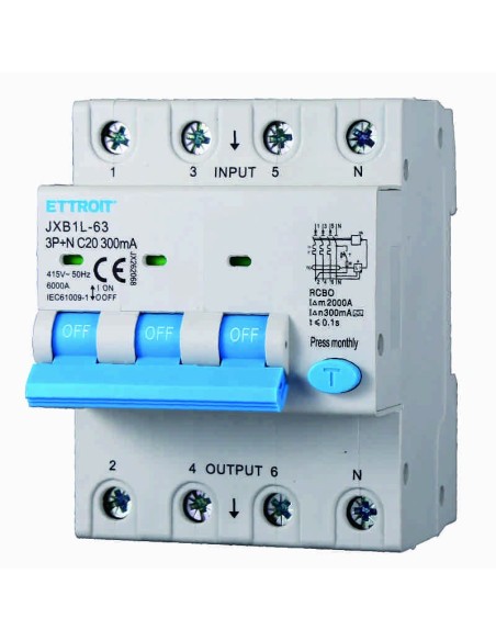 Residual current circuit breaker 3P+N, 4 modules, 415Vac, 20A, 300mA, 6KA, class A - Ettroit JX262068
