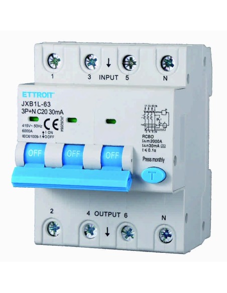 Residual current circuit breaker 3P+N, 4 modules, 415Vac, 20A, 30mA, 6KA, class A - Ettroit JX262064
