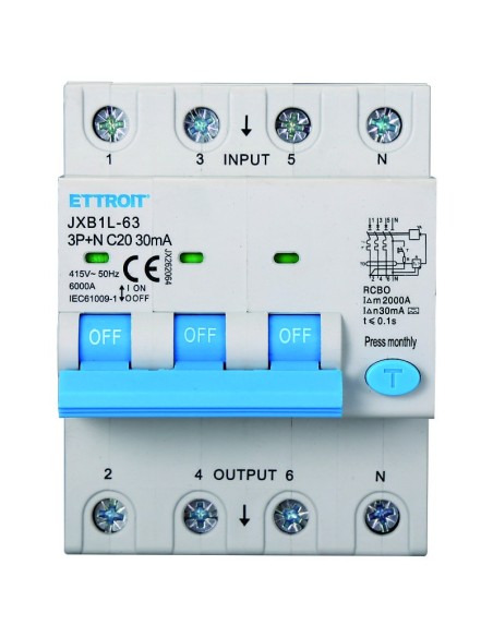 Residual current circuit breaker 3P+N, 4 modules, 415Vac, 20A, 30mA, 6KA, class A - Ettroit JX262064