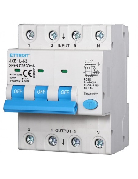 Disjoncteur à courant résiduel 3P+N, 4 modules, 415Vac, 25A, 30mA, 6KA - Ettroit JX262561