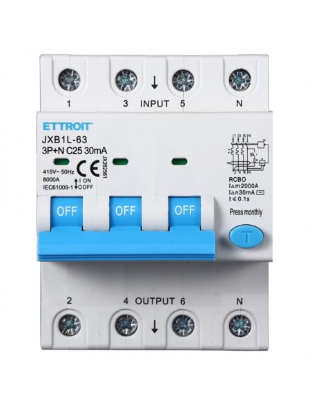 Disjoncteur à courant résiduel 3P+N, 4 modules, 415Vac, 25A, 30mA, 6KA - Ettroit JX262561