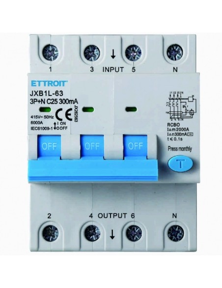 Disjoncteur à courant résiduel 3P+N, 4 modules, 415Vac, 25A, 300mA, 6KA - Ettroit JX262563