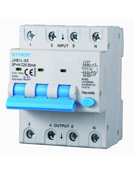 Disjoncteur à courant résiduel 3P+N, 4 modules, 415Vac, 25A, 30mA, 6KA, classe A - Ettroit JX262564