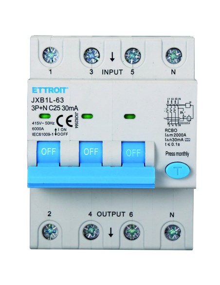 Disjoncteur à courant résiduel 3P+N, 4 modules, 415Vac, 25A, 30mA, 6KA, classe A - Ettroit JX262564