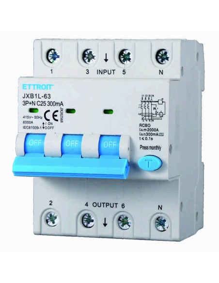 Residual current circuit breaker 3P+N, 4 modules, 415Vac, 25A, 300mA, 6KA, class A - Ettroit JX262568