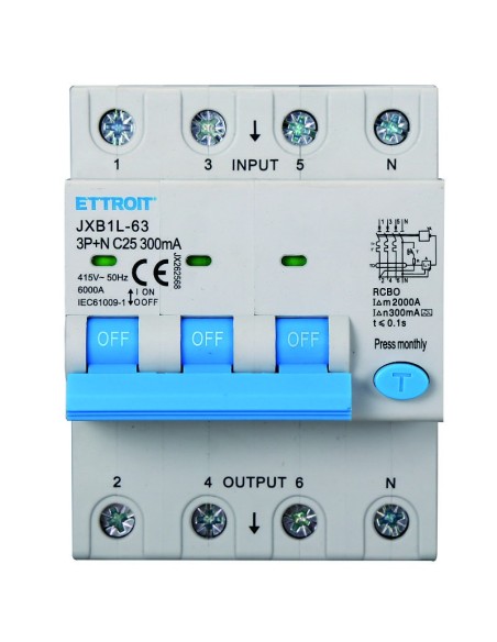 Residual current circuit breaker 3P+N, 4 modules, 415Vac, 25A, 300mA, 6KA, class A - Ettroit JX262568