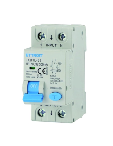Disjoncteur à courant résiduel 1P+N, 2 modules, 230Vac, 32A, 300mA, 6KA, classe A - Ettroit JX253268