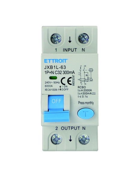 Disjoncteur à courant résiduel 1P+N, 2 modules, 230Vac, 32A, 300mA, 6KA, classe A - Ettroit JX253268