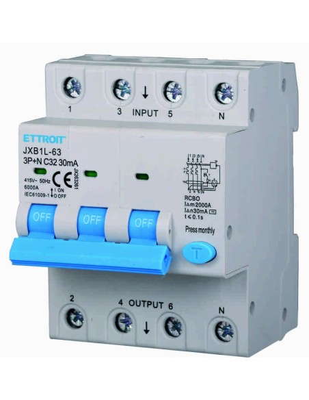 Disjoncteur à courant résiduel 3P+N, 4 modules, 415Vac, 32A, 30mA, 6KA - Ettroit JX263261