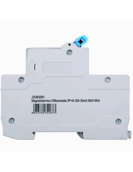 Interruttore magnetotermico differenziale 3P+N, 4 moduli, 415Vac, 32A, 30mA, 6KA - Ettroit JX263261