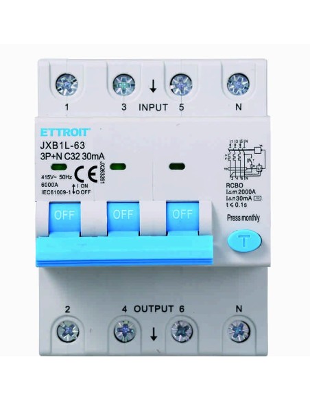 Interruttore magnetotermico differenziale 3P+N, 4 moduli, 415Vac, 32A, 30mA, 6KA - Ettroit JX263261