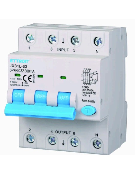 Residual current circuit breaker 3P+N, 4 modules, 415Vac, 32A, 300mA, 6KA - Ettroit JX263263