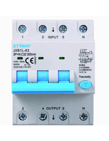 Disjoncteur à courant résiduel 3P+N, 4 modules, 415Vac, 32A, 300mA, 6KA - Ettroit JX263263