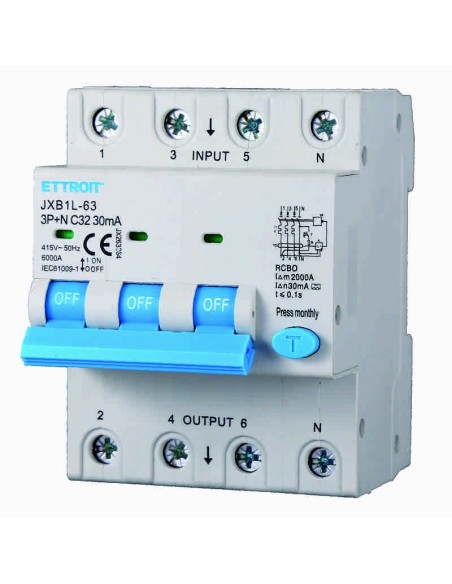 Interruptor diferencial 3P+N, 4 módulos, 415Vac, 32A, 30mA, 6KA, clase A - Ettroit JX263264