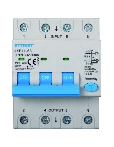 Interruptor diferencial 3P+N, 4 módulos, 415Vac, 32A, 30mA, 6KA, clase A - Ettroit JX263264