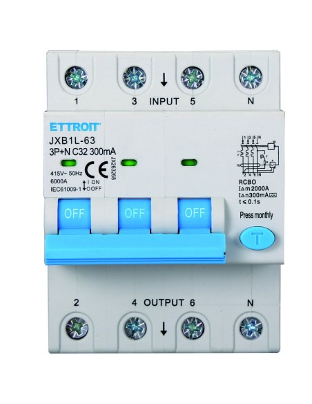 Disjoncteur différentiel 3P+N, 4 modules, 415Vac, 32A, 300mA, 6KA, classe A - Ettroit JX263268